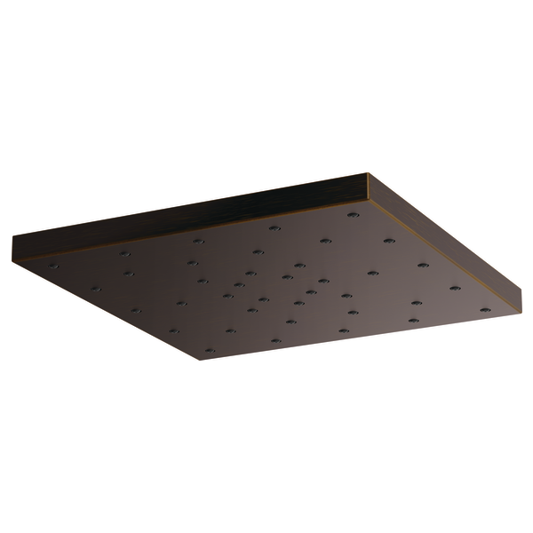 Square bronze raincan showerhead with multiple water outlet holes across flat surface.