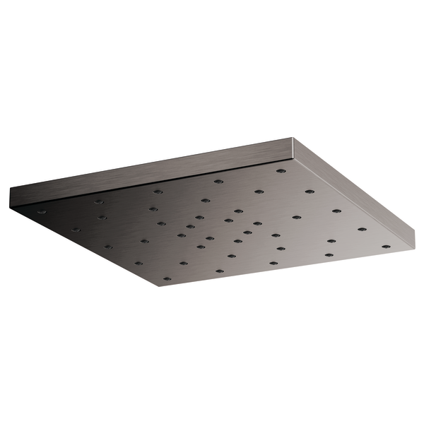 Square brushed nickel raincan shower head with evenly spaced spray holes across flat surface.