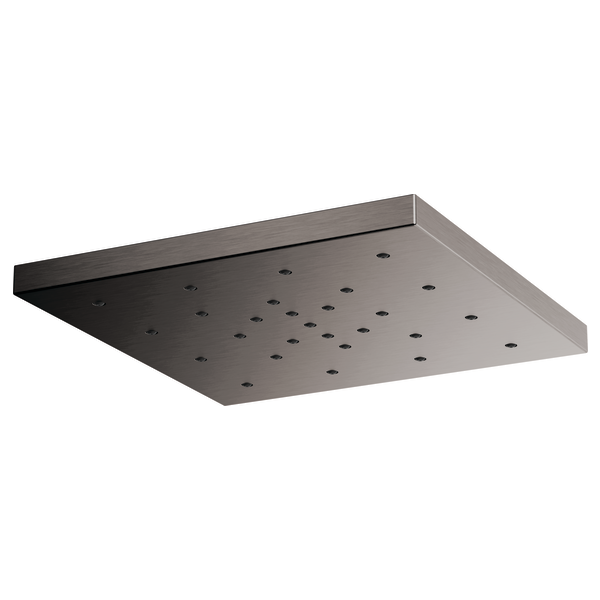 Square brushed nickel raincan shower head with multiple water jets distributed across the surface.