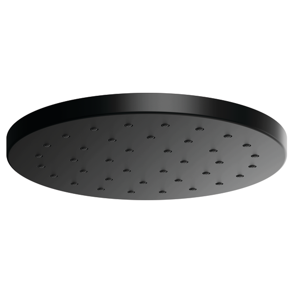 Round black raincan shower head with multiple spray holes across flat surface.
