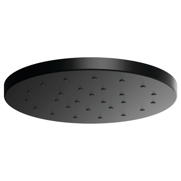 Round black raincan shower head with multiple spray jets across the surface.
