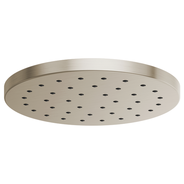 Round brushed nickel raincan showerhead with multiple spray holes across the flat surface.