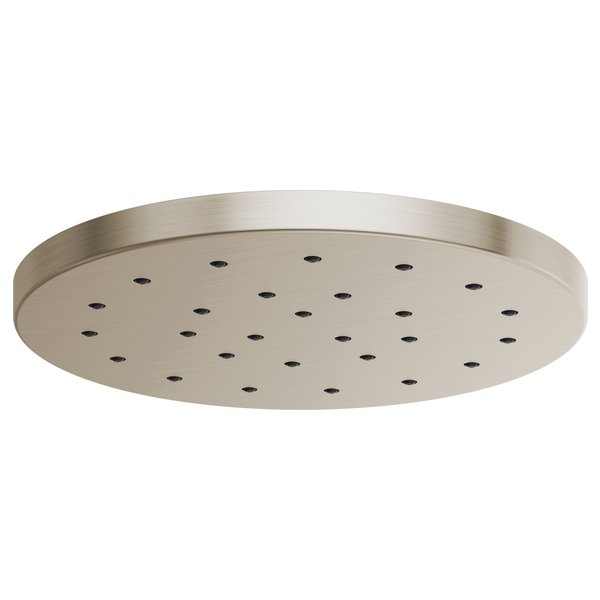 Round brushed nickel raincan shower head with multiple small spray jets distributed across the flat surface.