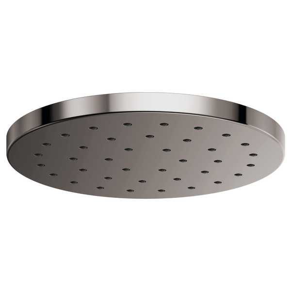 Round raincan showerhead with perforated dark face and brushed nickel trim ring.