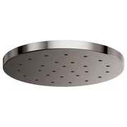 Round dark gray raincan shower head with multiple spray holes and polished chrome trim ring.
