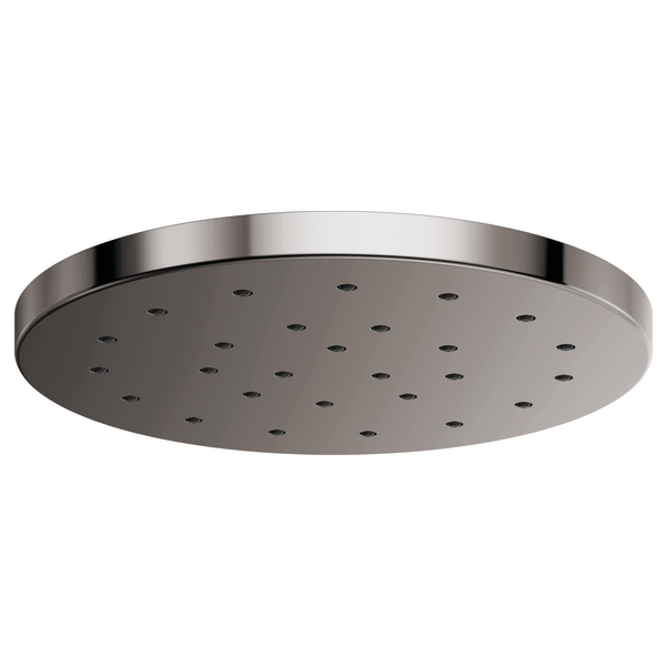 Round dark gray raincan shower head with multiple spray holes and polished chrome trim ring.