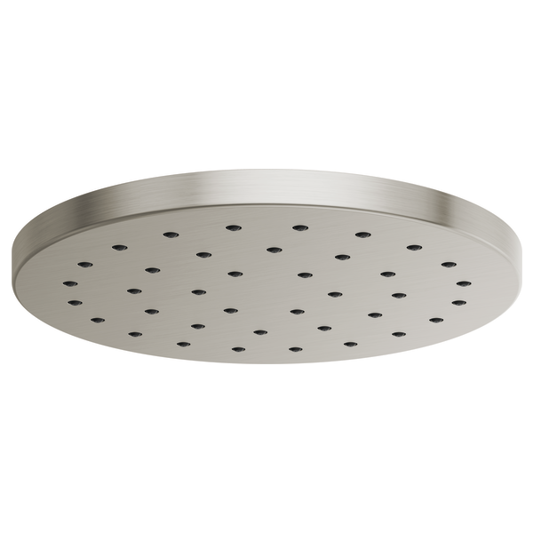 Brushed nickel round raincan shower head with multiple spray holes across flat surface.