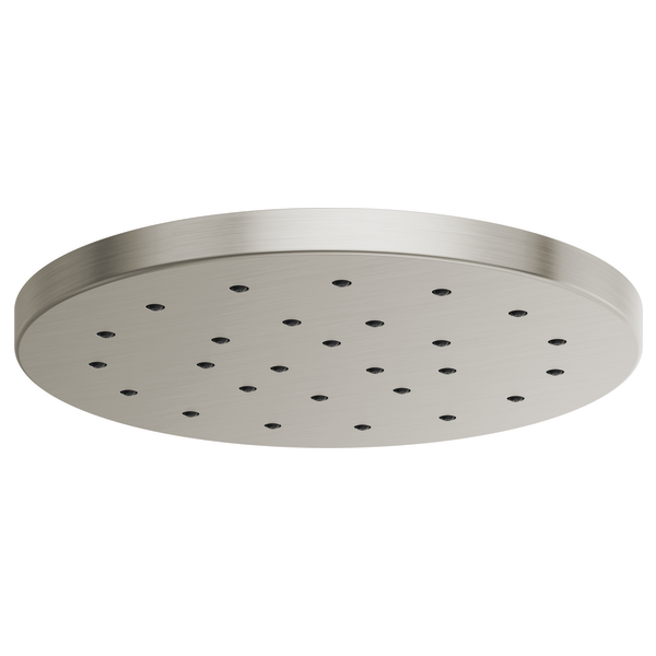 Round brushed nickel raincan showerhead with multiple spray holes across the face.