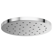 Round chrome raincan shower head with multiple spray holes and polished metal rim.