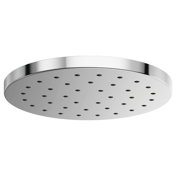 Round chrome raincan shower head with multiple spray holes and polished metal rim.