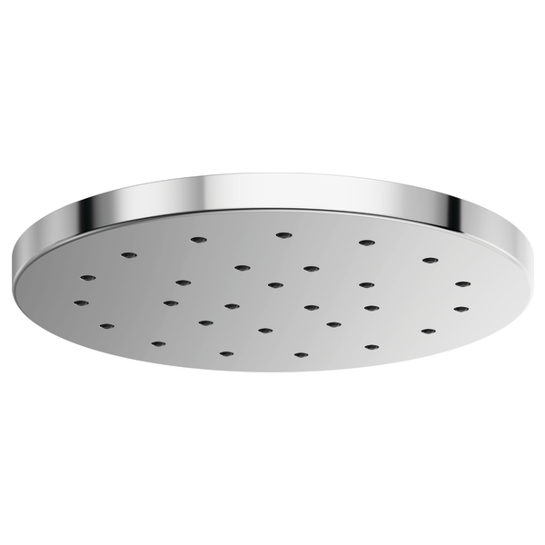 Round chrome and gray raincan shower head with multiple spray jets arranged across flat surface.