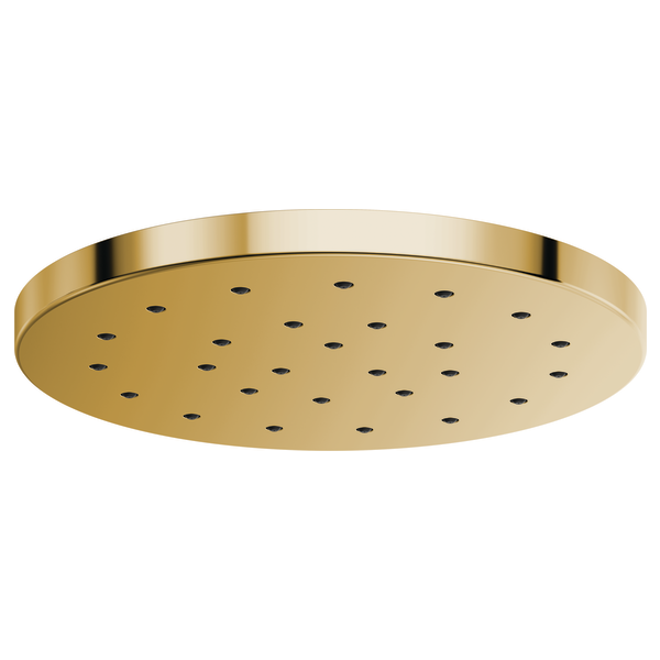 Round brushed gold shower head with multiple spray jets arranged in grid pattern.
