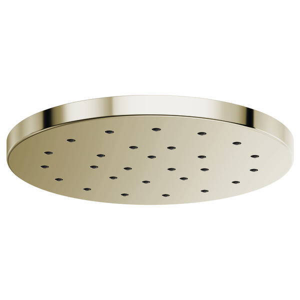 Round brushed nickel raincan showerhead with multiple spray jets and polished trim ring.
