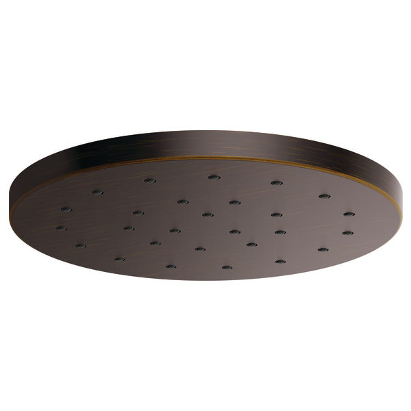 Round raincan shower head with bronze finish and multiple spray jets across flat surface.