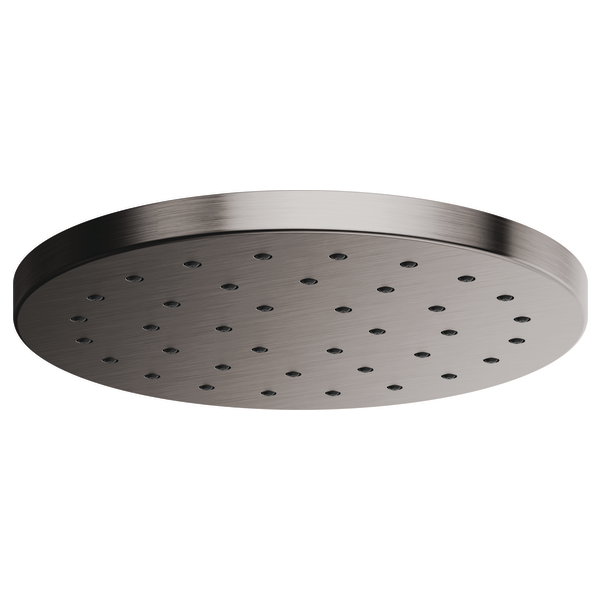 Round metallic raincan shower head with multiple spray jets and brushed finish rim.