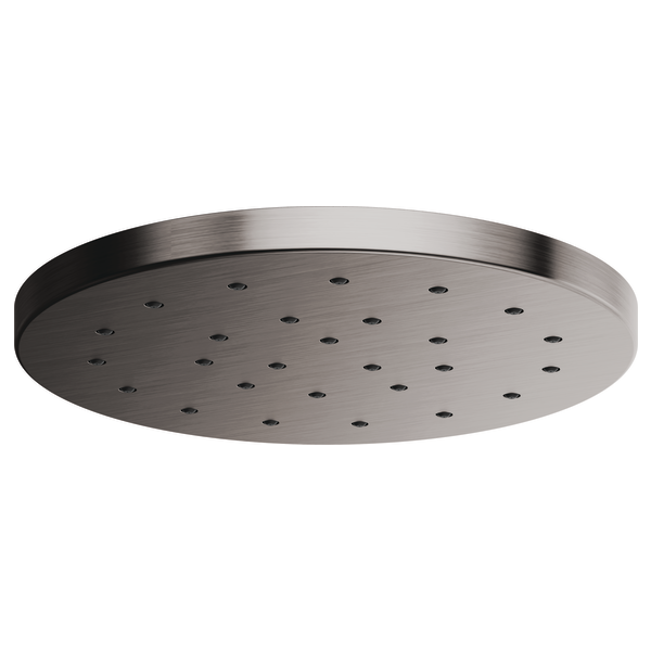Round brushed nickel raincan shower head with multiple spray holes across flat surface.