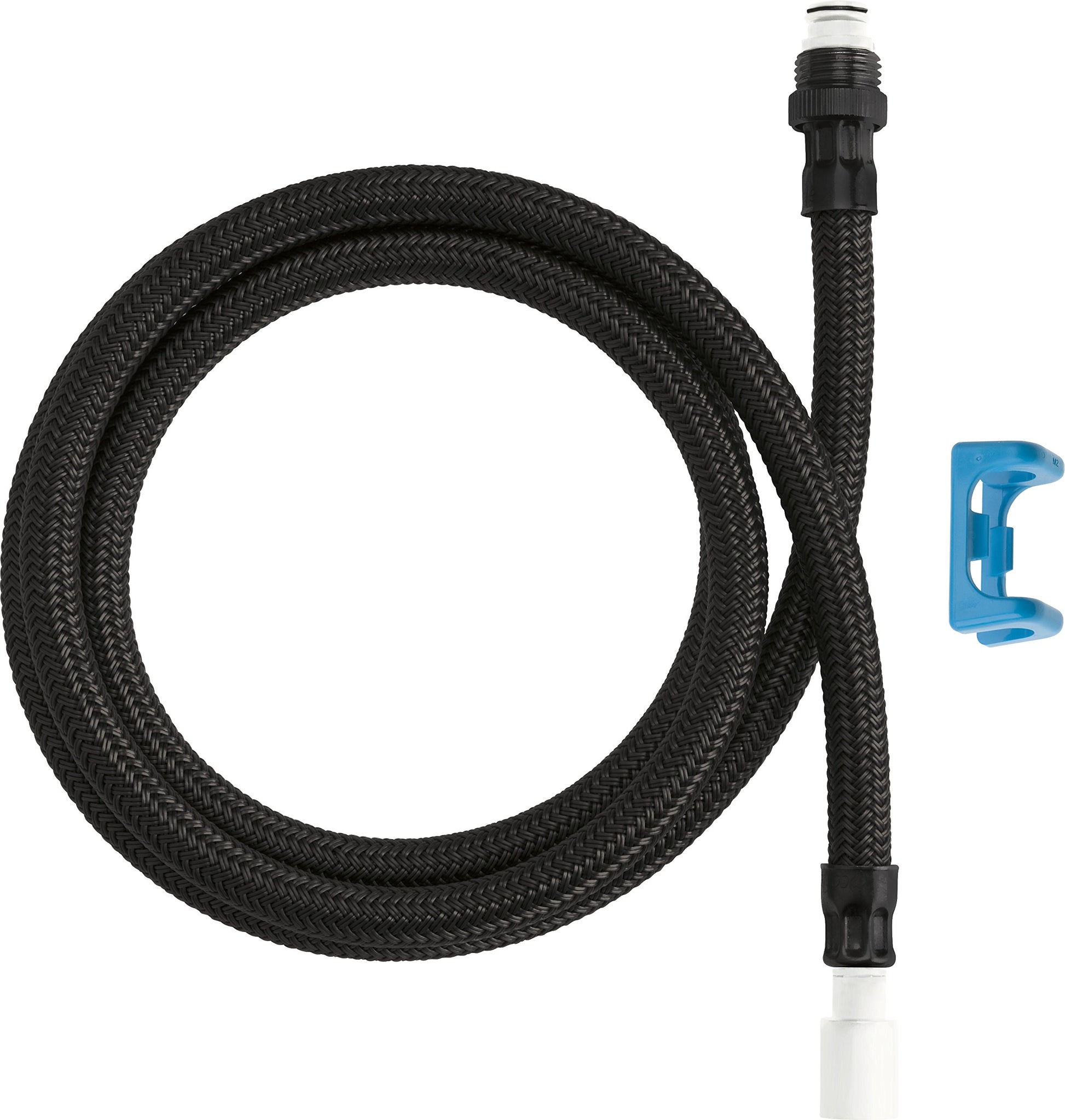 Black braided hose with quick connect fittings and blue clip for pull-up/pull-down faucets.