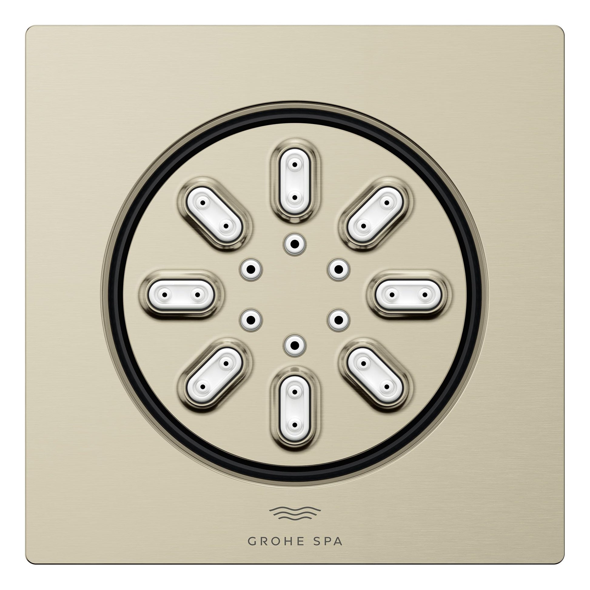 Square brushed nickel body spray with eight oval spray outlets and four circular jets arranged in circular pattern on wall tr