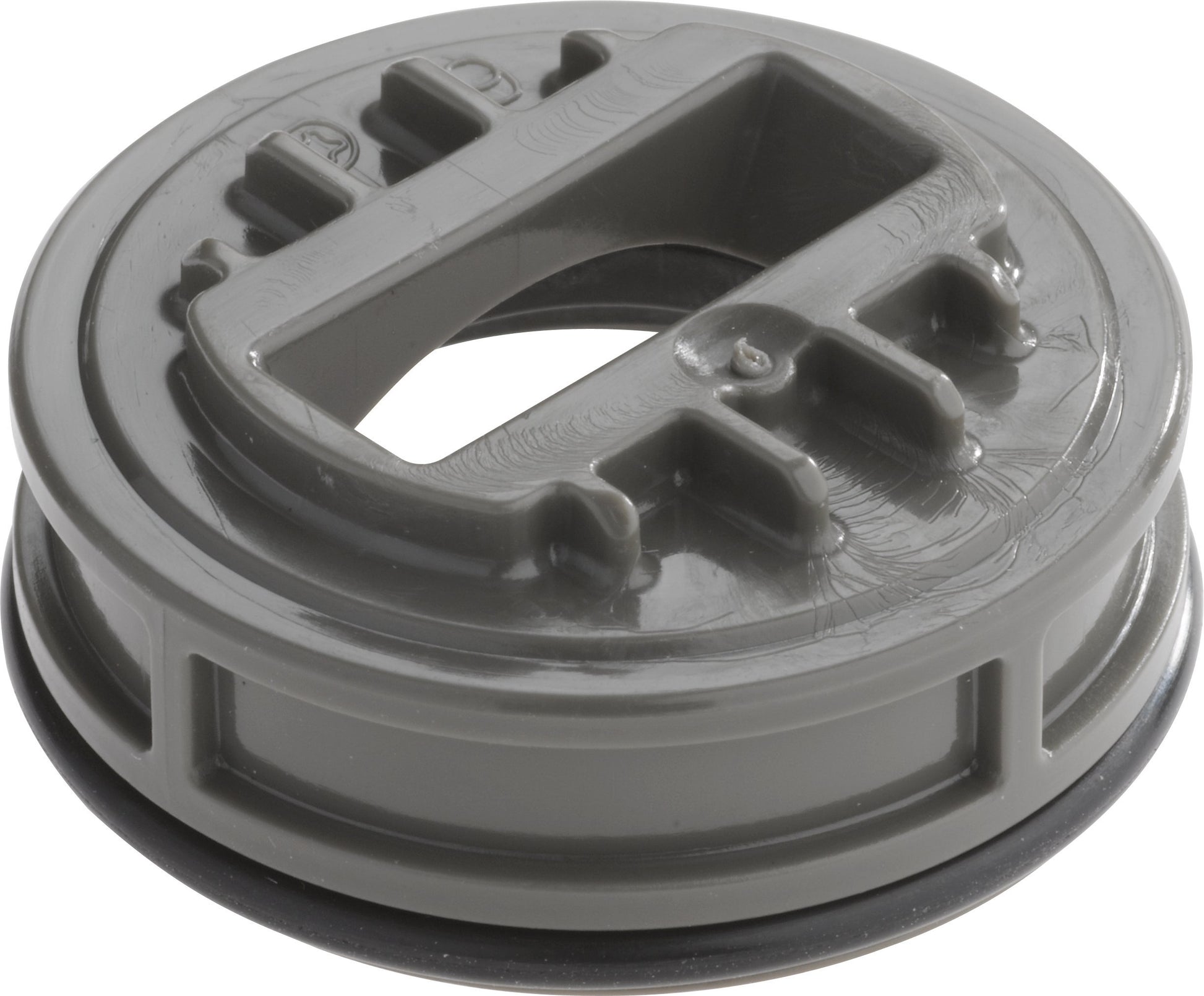 Gray plastic Delta cam assembly with knob handle featuring internal gear teeth and central opening mechanism.