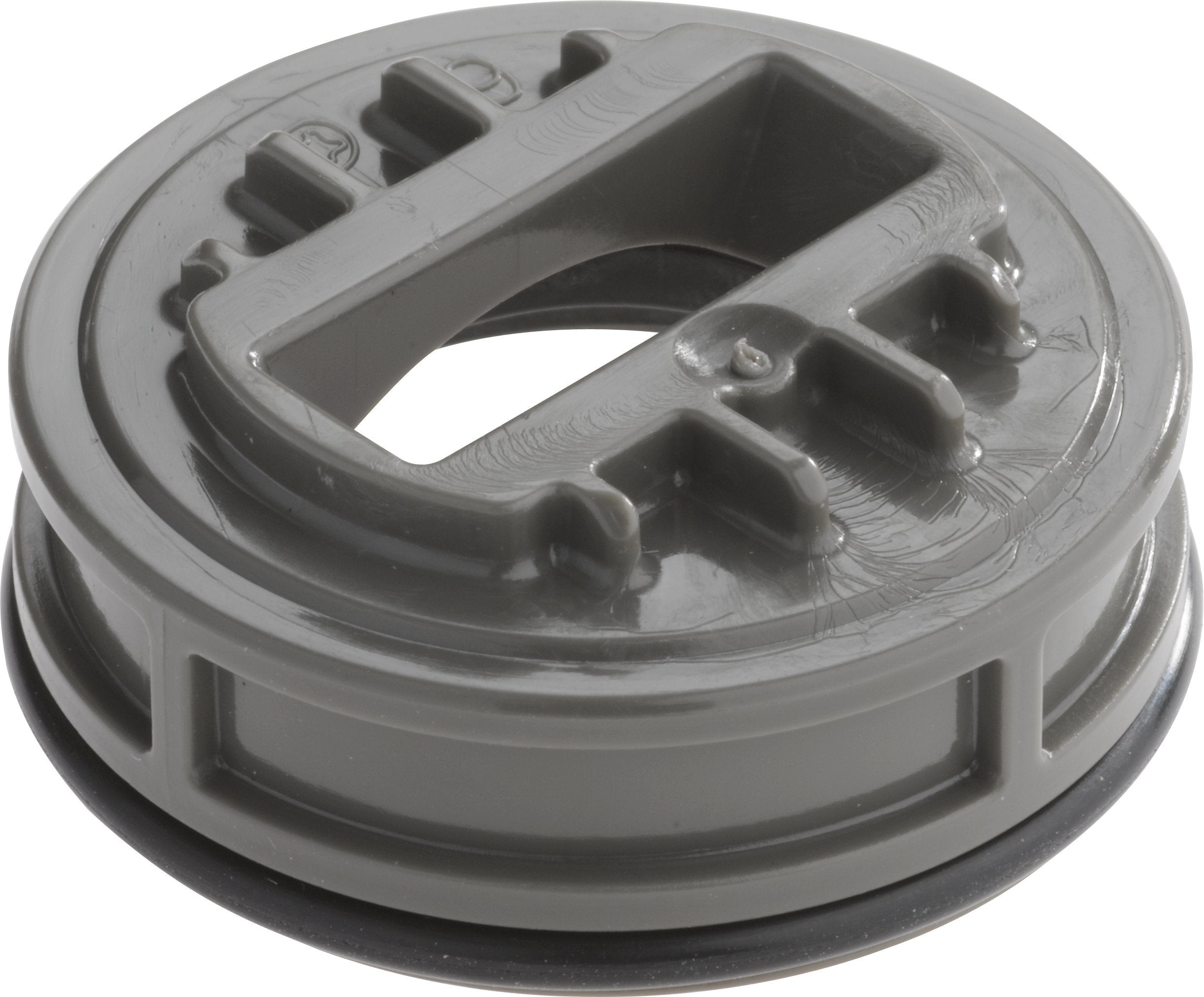 Gray plastic Delta cam assembly with knob handle featuring internal gear teeth and central opening mechanism.