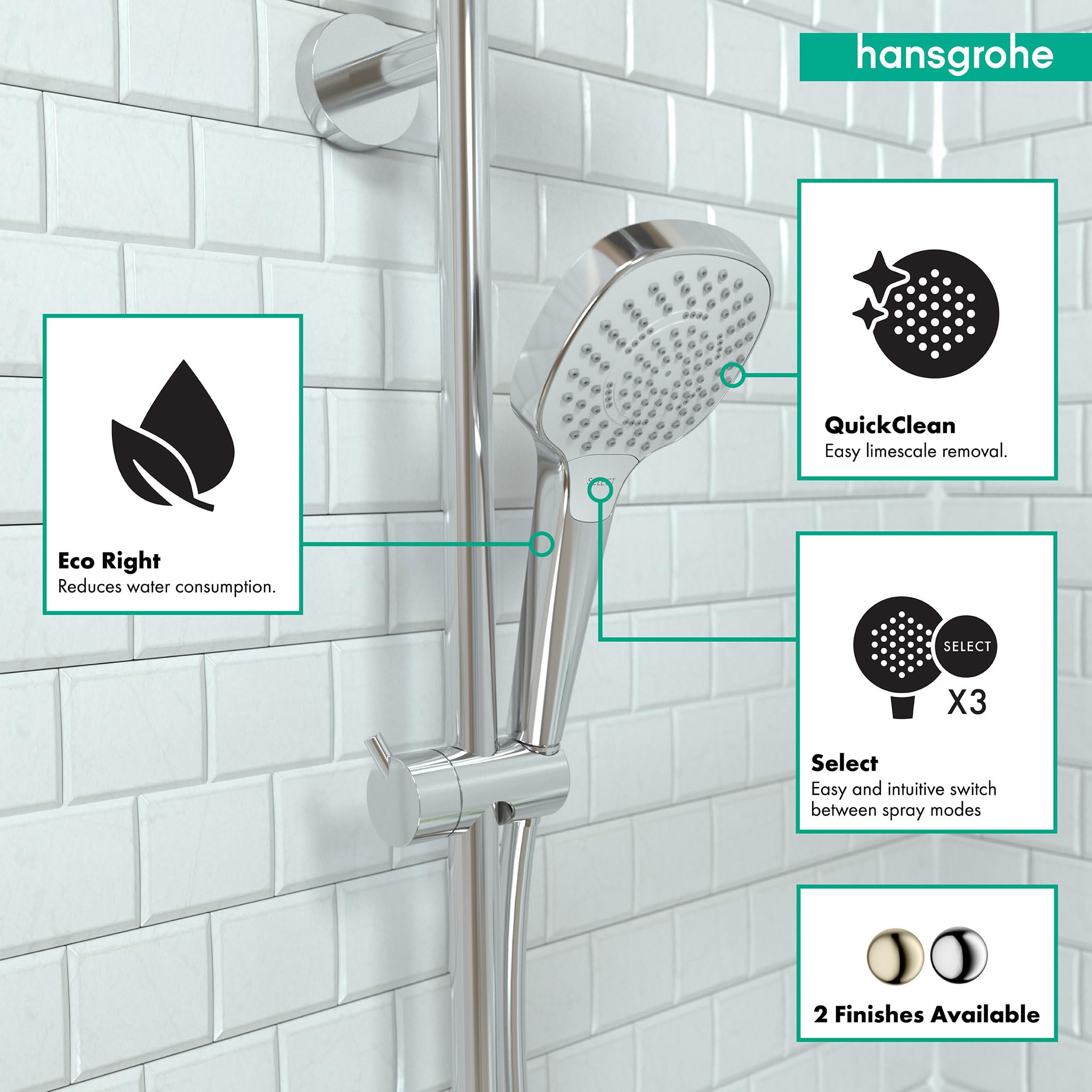 Hansgrohe chrome and white handheld showerhead with round spray face mounted on vertical rail against white subway tile wall.