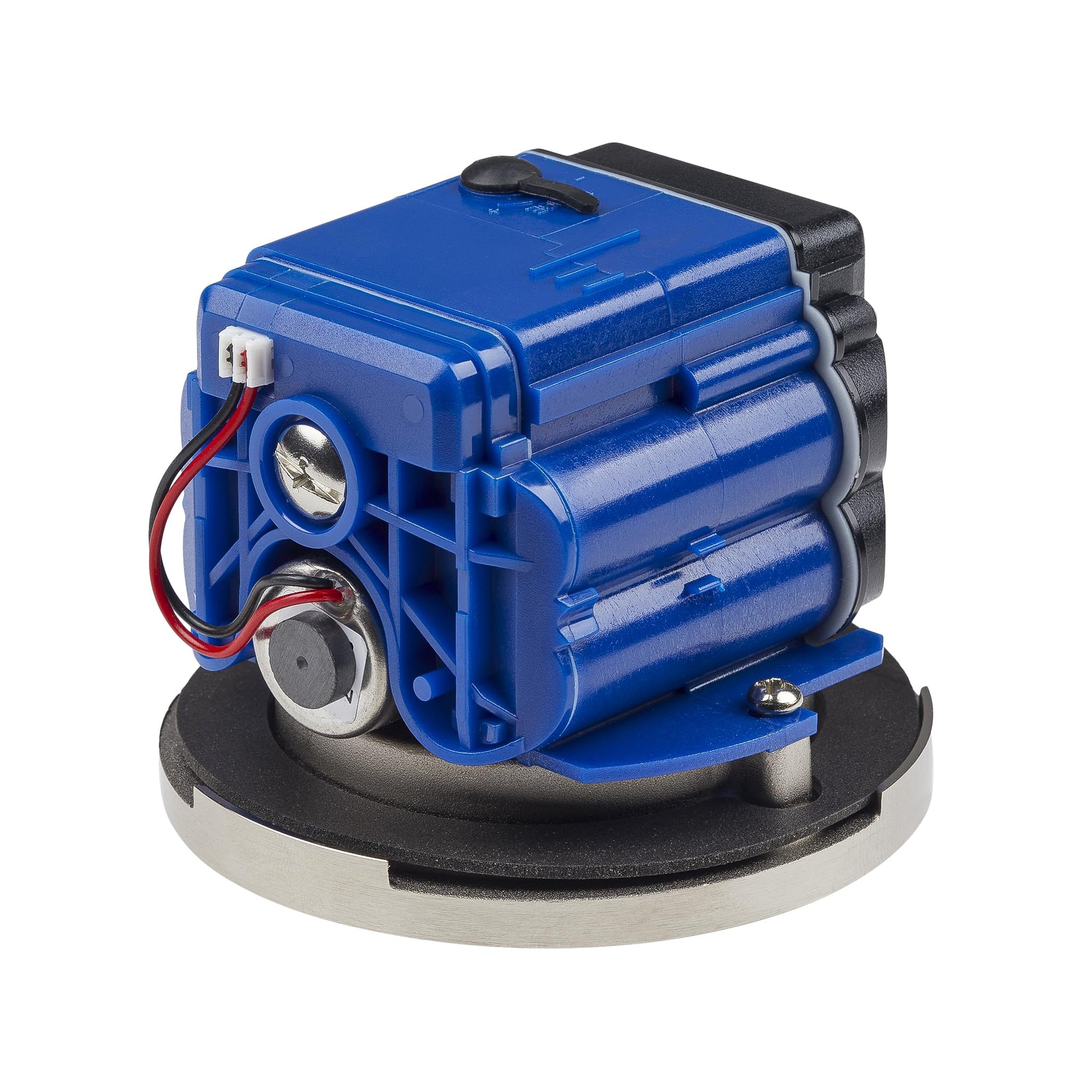 Blue plastic control module with cylindrical battery compartment, wiring connectors, and mounting base.