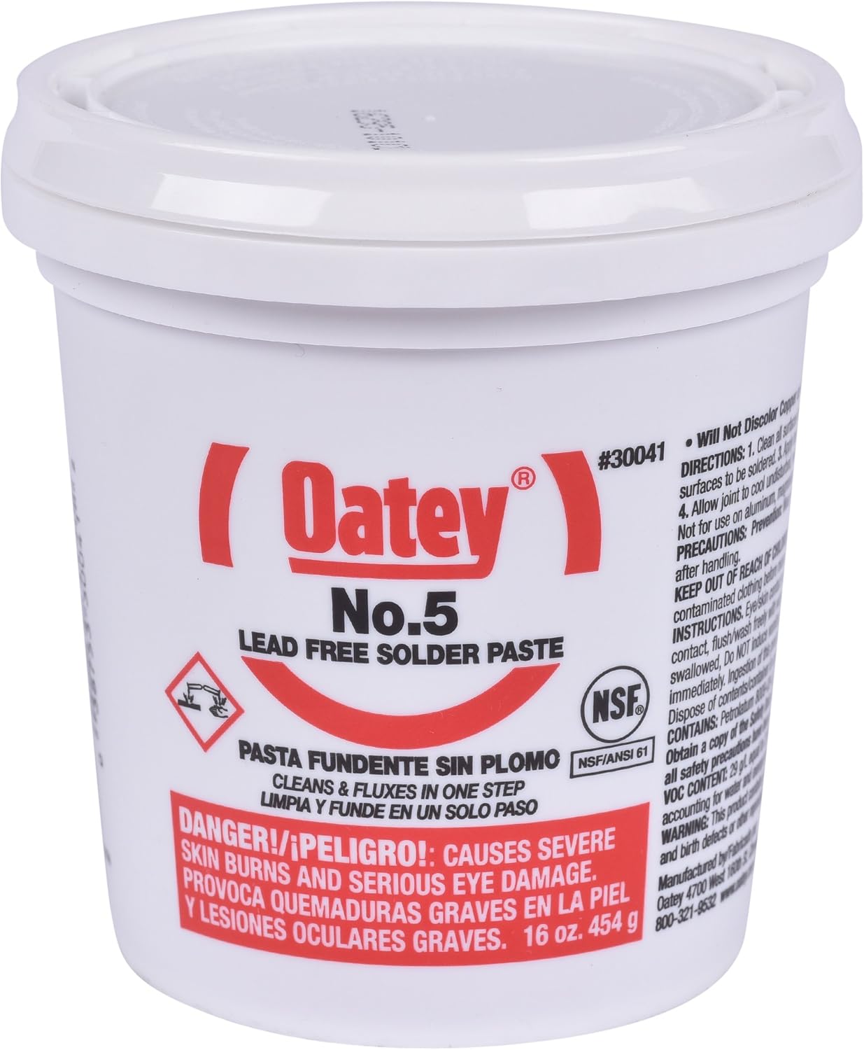 White plastic container of Oatey No. 5 lead-free solder paste flux with red label and white lid.
