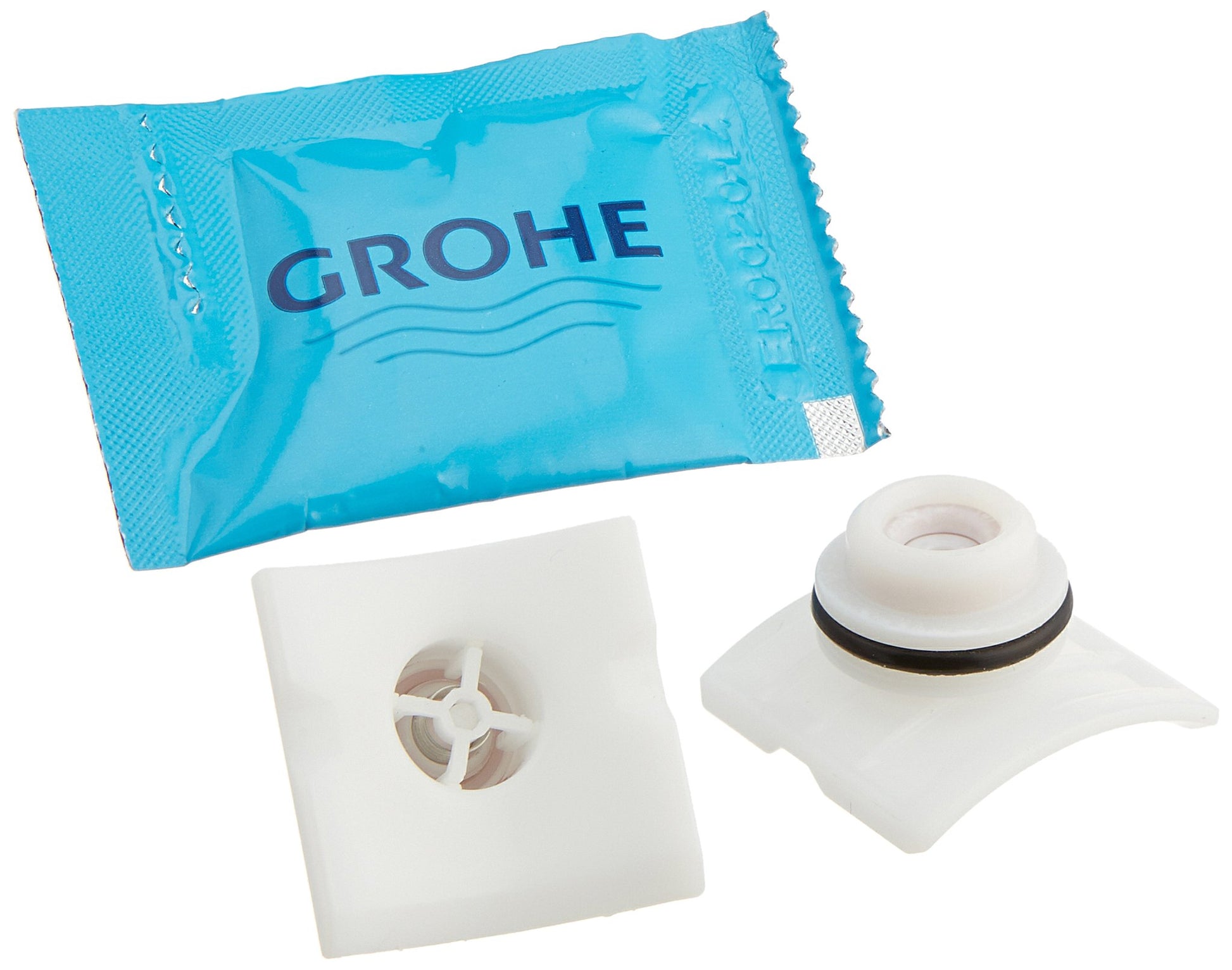 Grohe non-return valve repair parts kit containing blue packaging, white plastic component with internal mechanism, and white