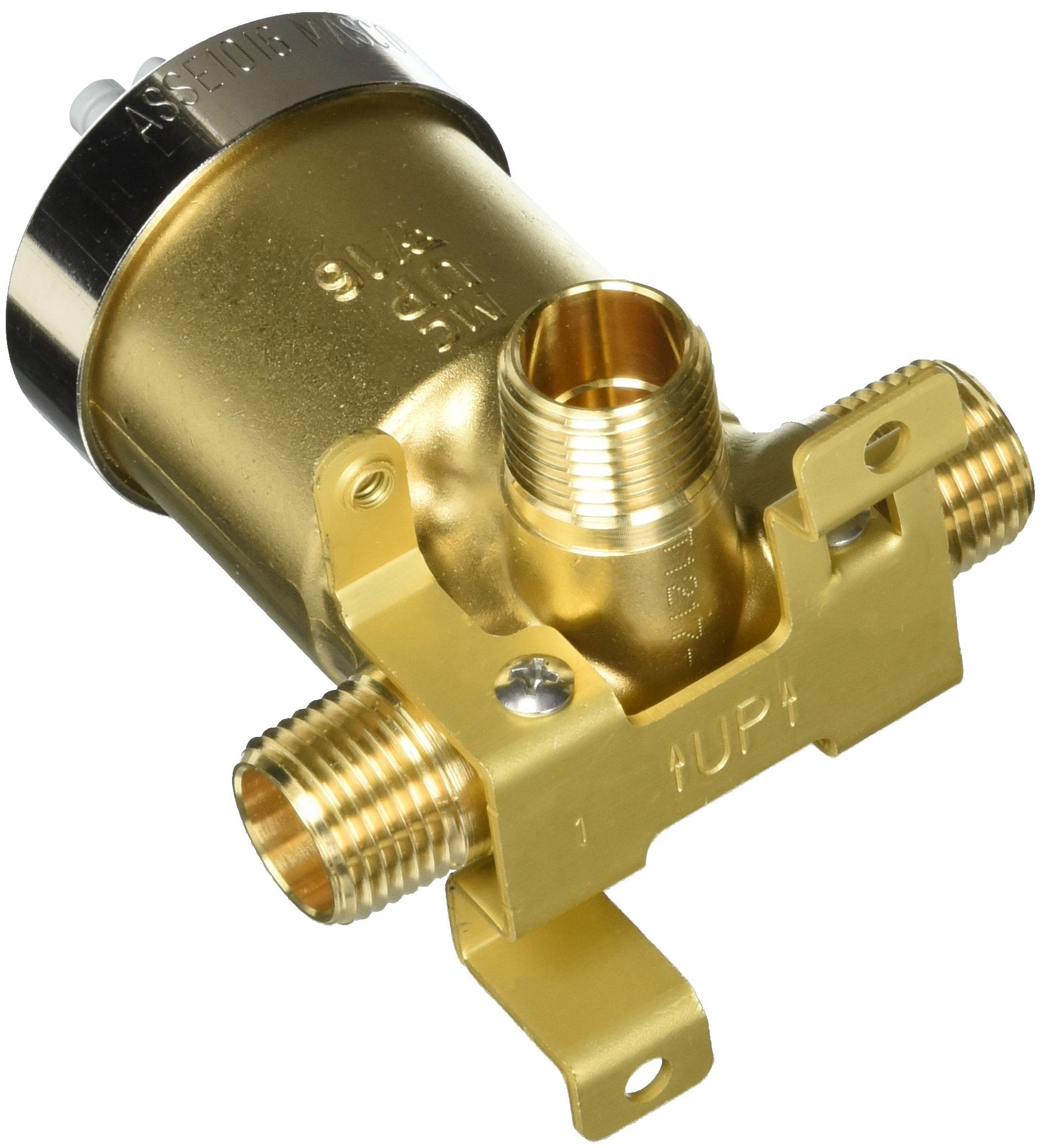 Brass pressure balance valve with threaded ports and black adjustment cap, mounted on rectangular brass bracket.