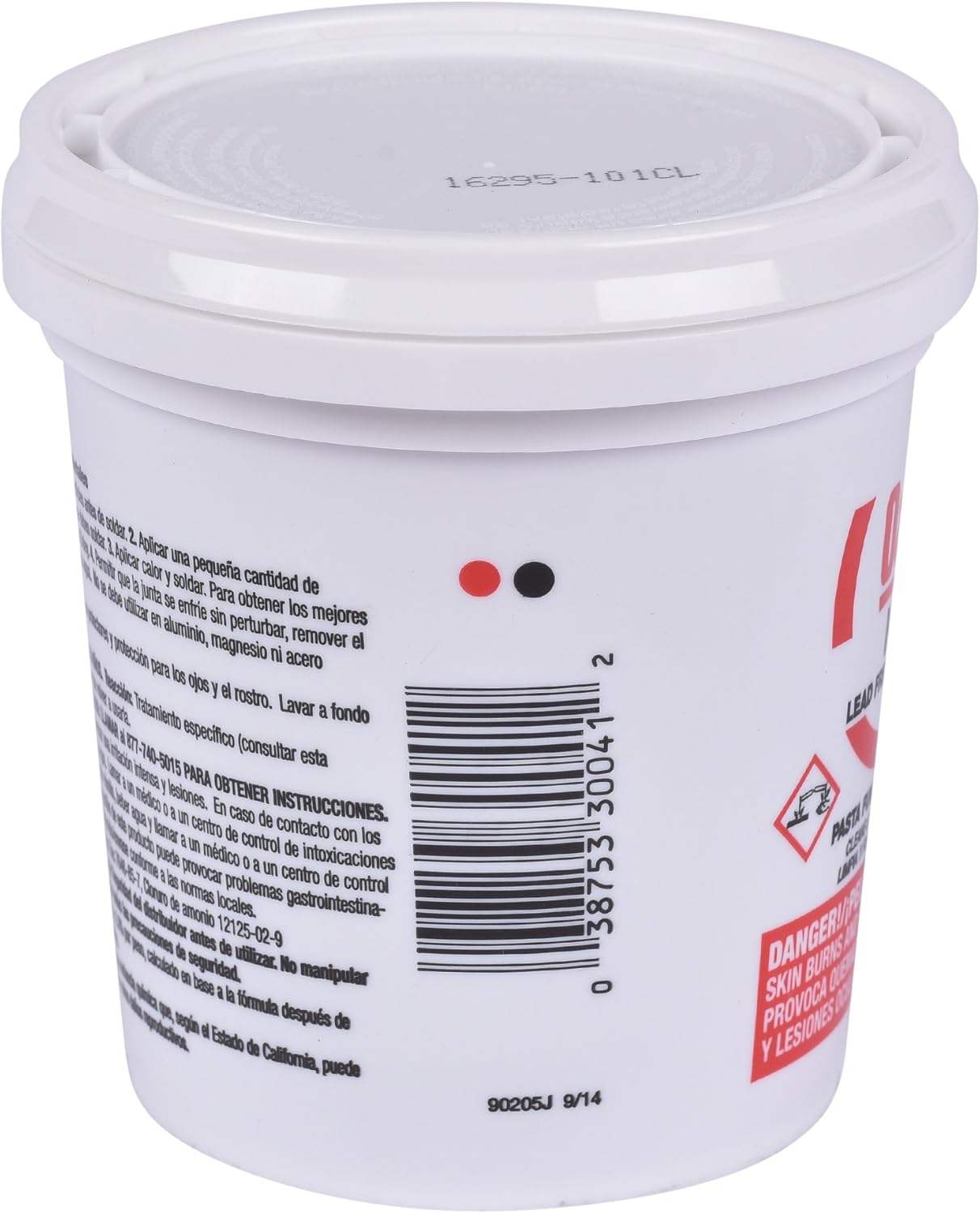 White plastic container of Oatey No. 5 paste flux with lid, barcode, and hazard warning label on front.