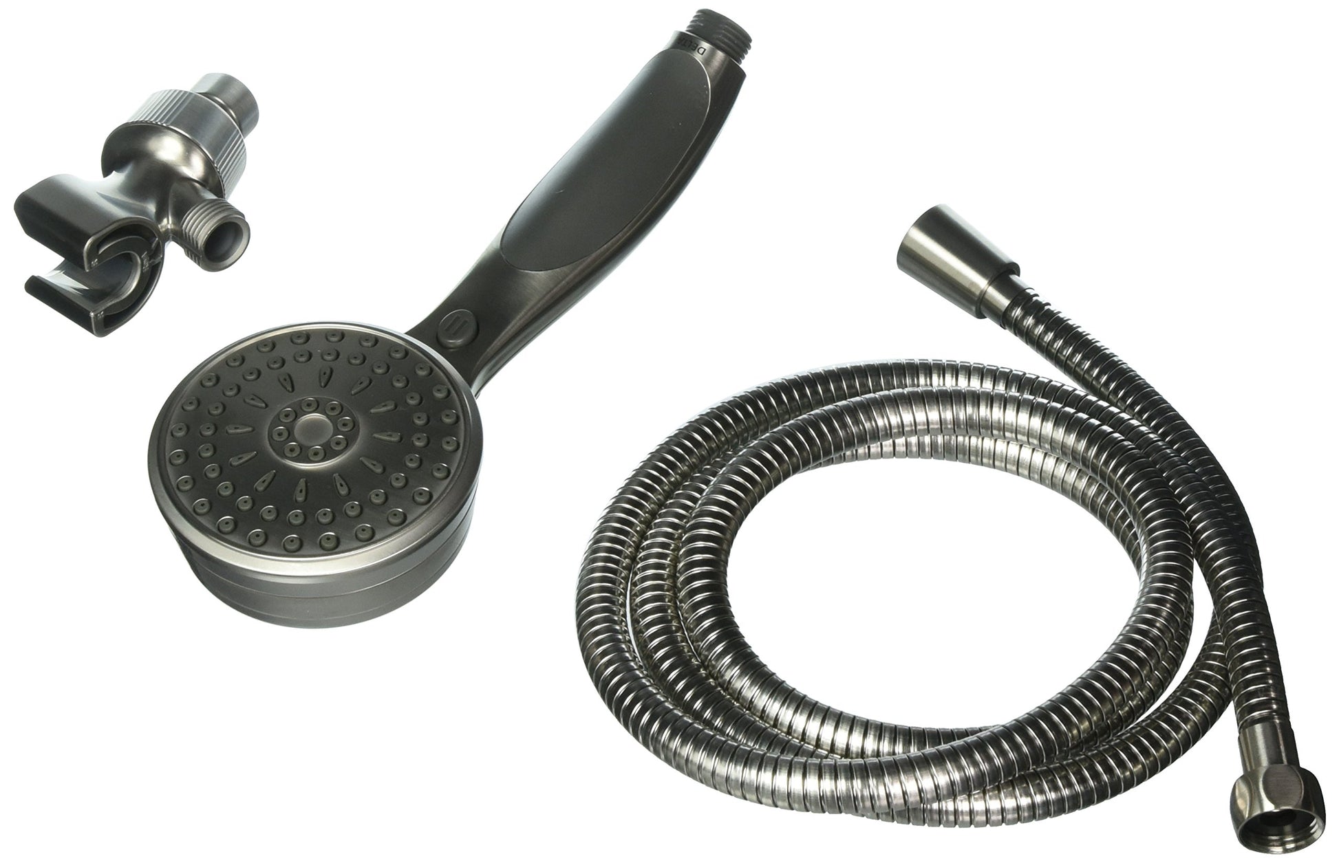 Chrome hand shower head with multiple spray settings, black handle, metal hose, and wall mount bracket.