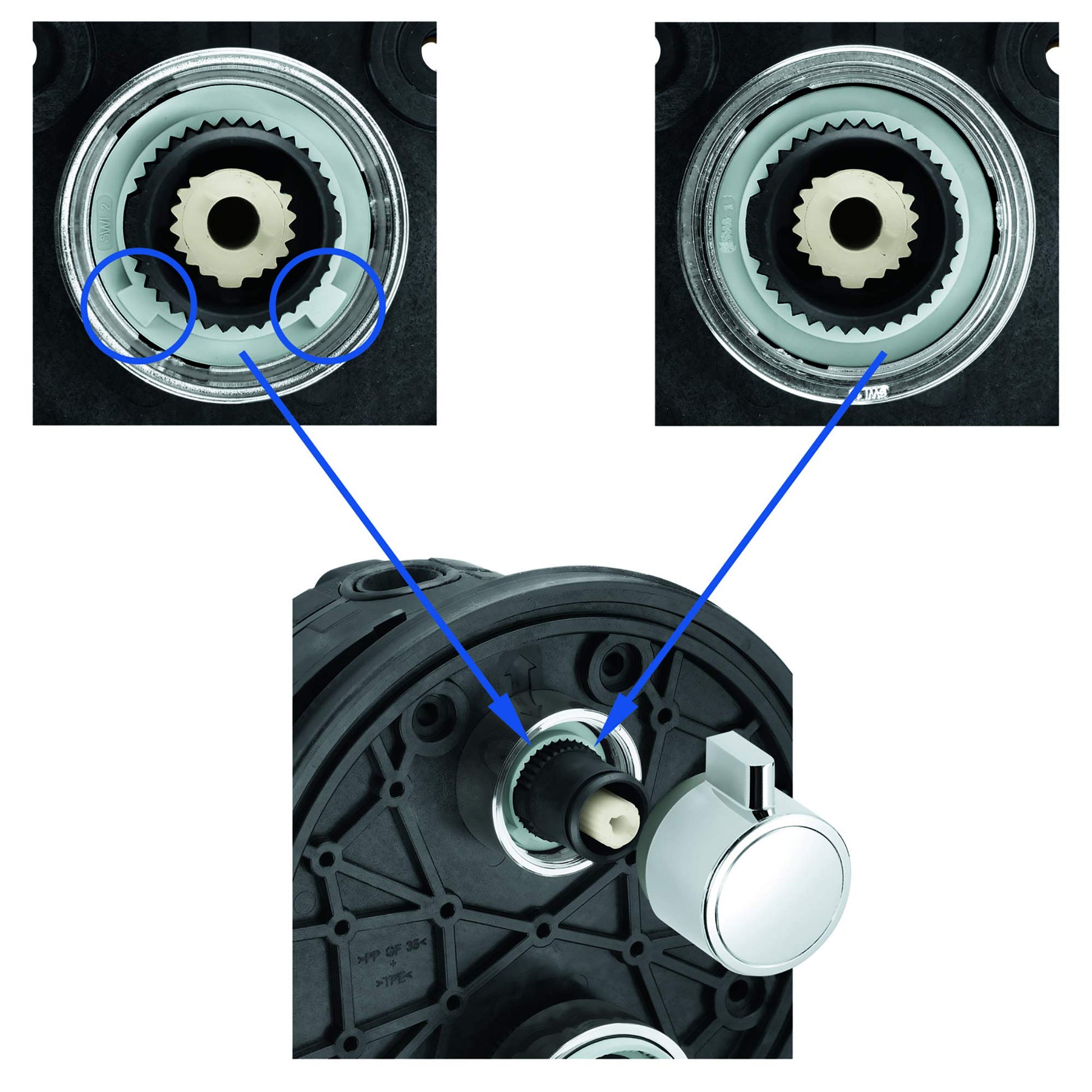 Chrome stop ring with serrated inner gear and centered plastic hub for Grohe thermostatic valve assembly.
