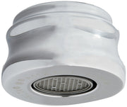 Chrome faucet aerator with curved collar design and mesh screen interior.