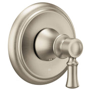 Brushed nickel single-handle shower valve trim with round escutcheon plate and lever handle.
