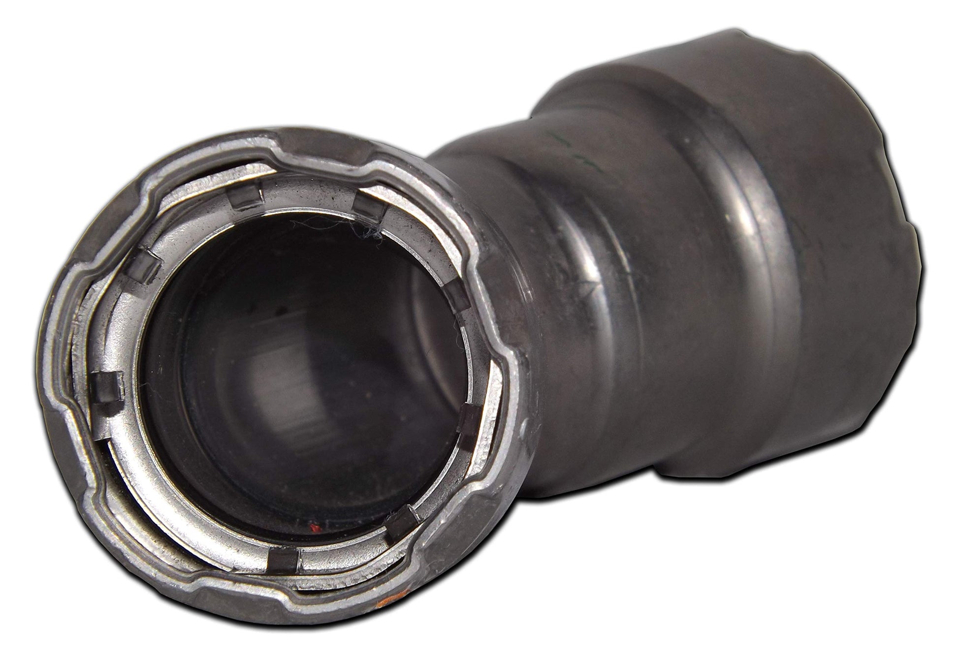 Metallic 45-degree elbow connector with threaded press fitting and zinc-nickel coating.