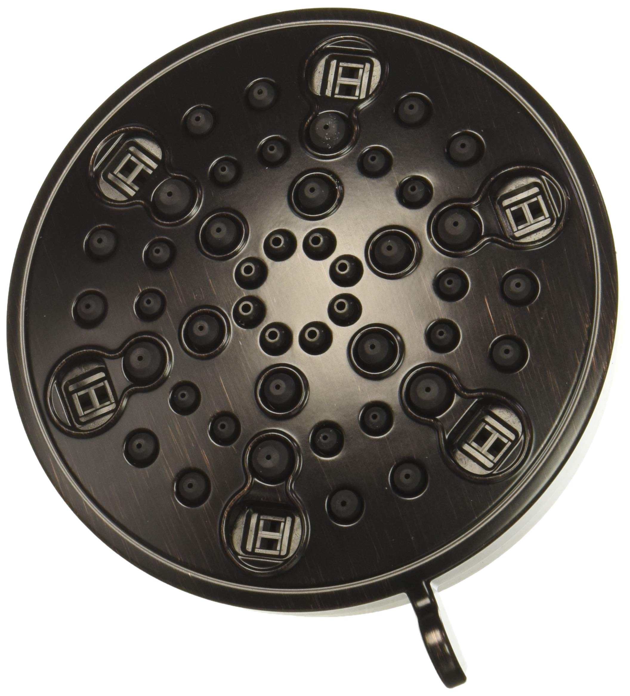 Round dark chrome shower head with multiple spray jets and Delta logo markings, attached connector arm visible.