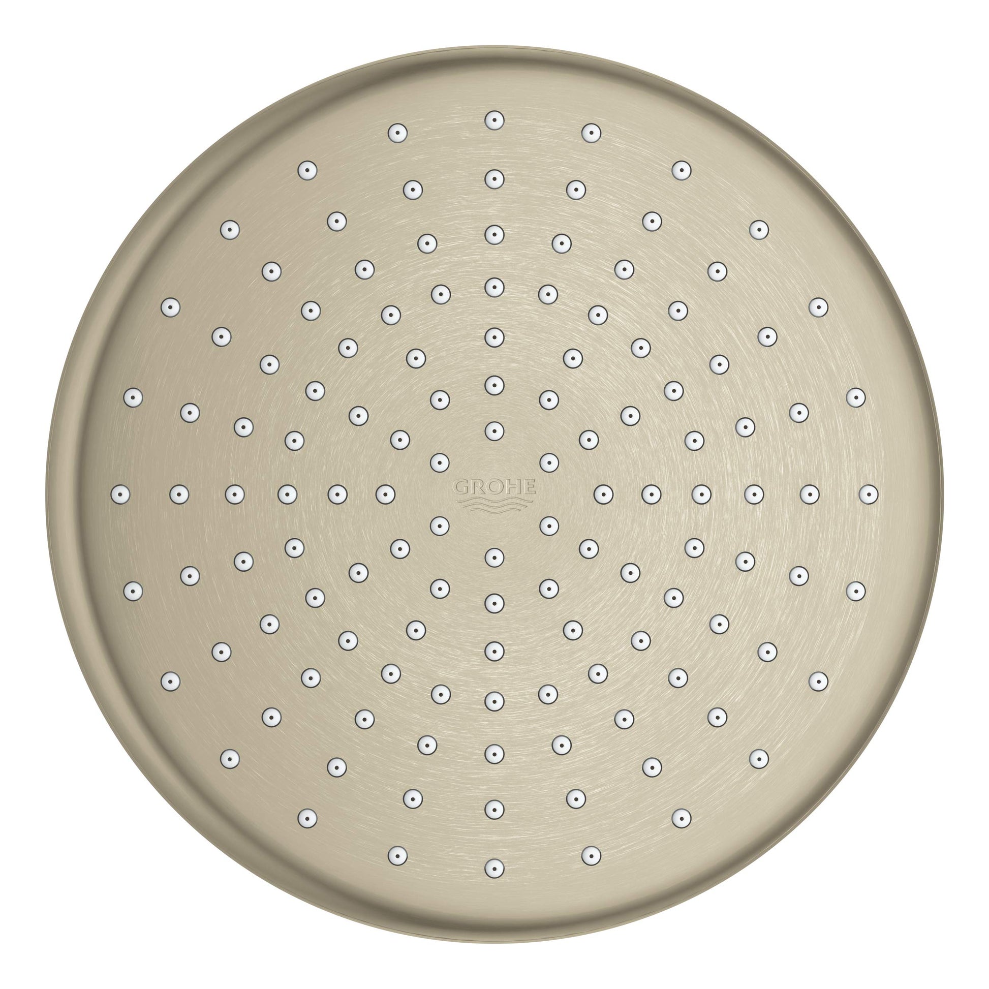 Grohe Tempesta 210 brushed nickel shower head with circular face and evenly spaced spray jets.