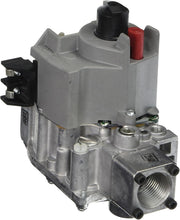 Honeywell dual standing pilot gas valve with gray metal body, black control knob, red reset button, and threaded ports on bot