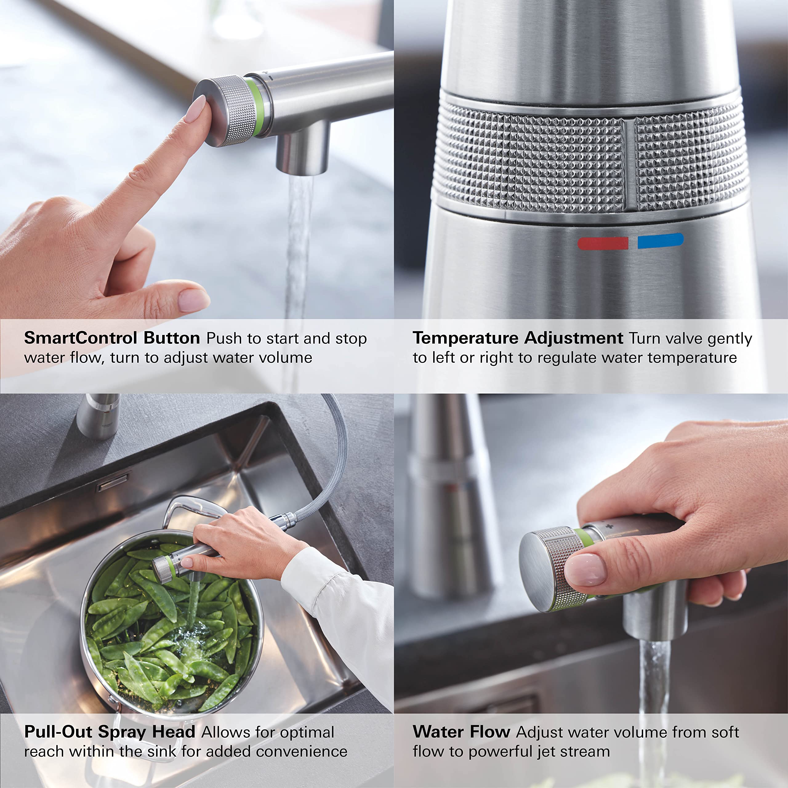 Chrome pull-out kitchen faucet with SmartControl button, textured grip band, and temperature adjustment indicators.