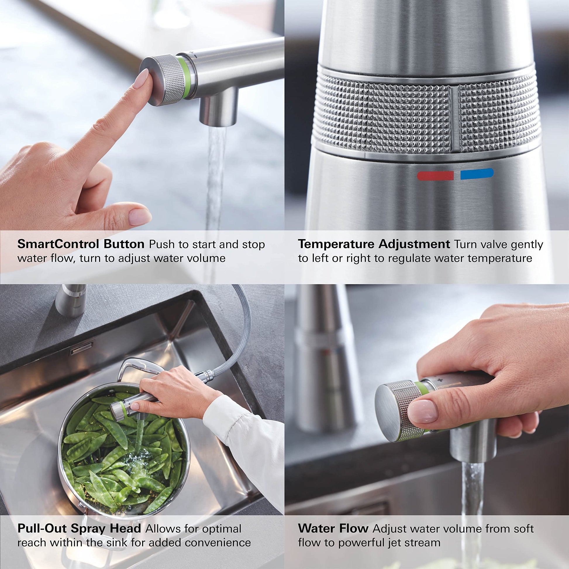 Stainless steel pull-out kitchen faucet with SmartControl button, temperature adjustment dial, and spray head shown in use.