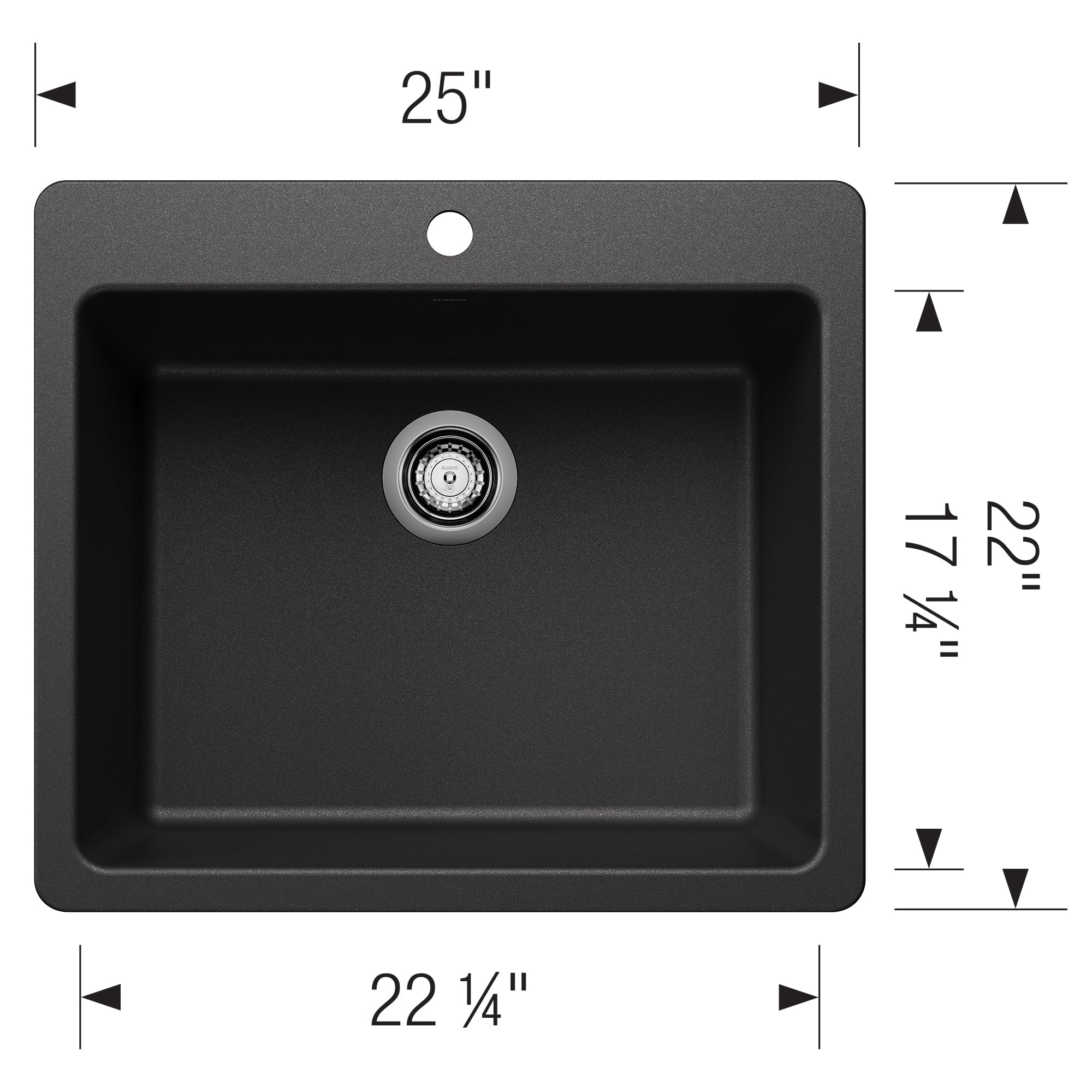 Anthracite single bowl kitchen sink with rounded corners, drain hole, and dimensions of 25" width by 22" depth by 17.75" heig