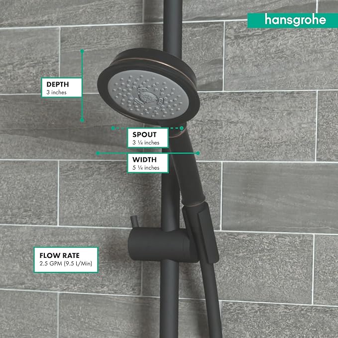 Rubbed bronze round shower head with 3-jet spray pattern mounted on vertical pole with hand shower attachment.