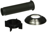 Black rubber spray hose with ribbed texture, plastic connector ring, and stainless steel escutcheon plate.