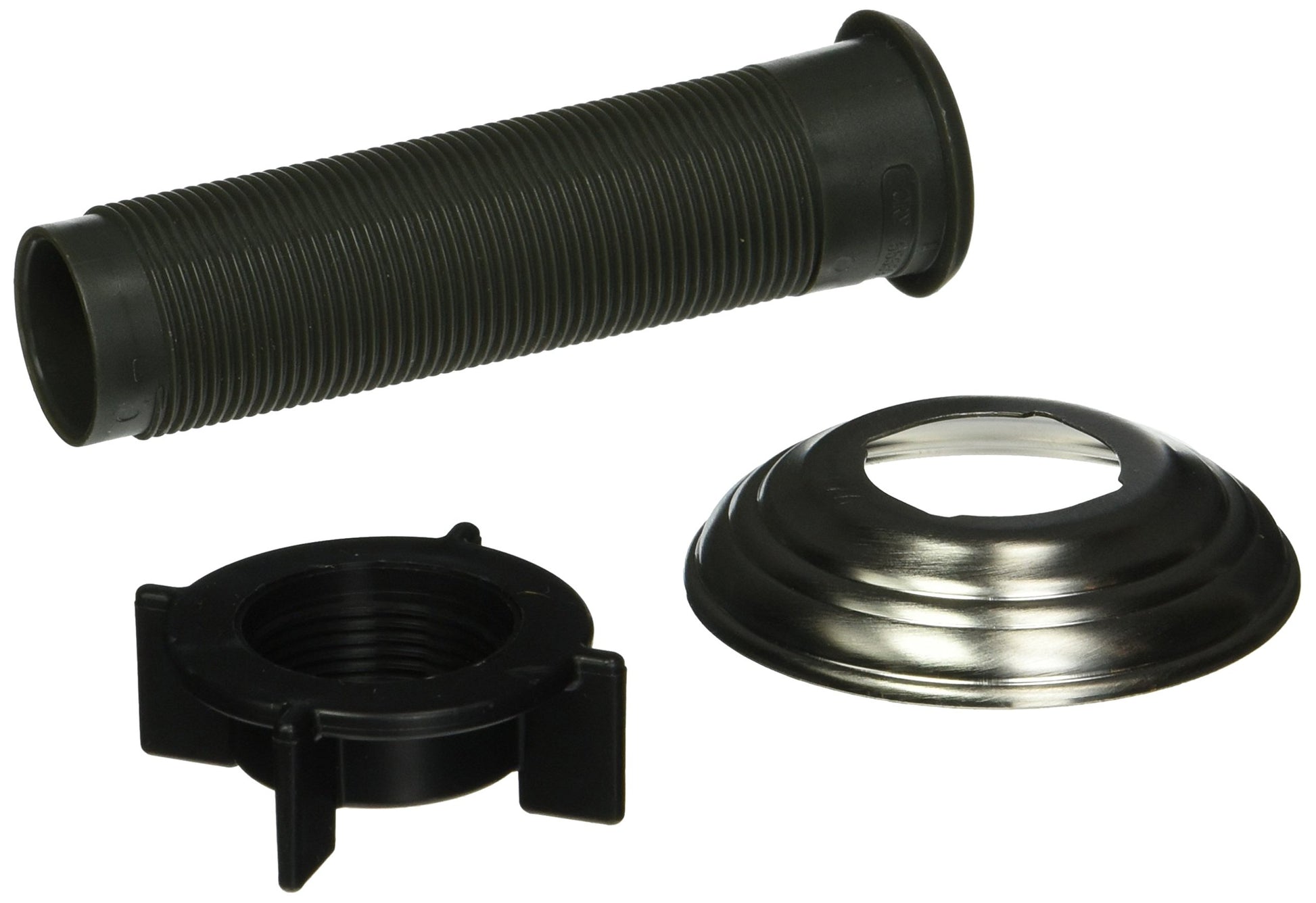 Black rubber spray hose with ribbed texture, plastic connector ring, and stainless steel escutcheon plate.