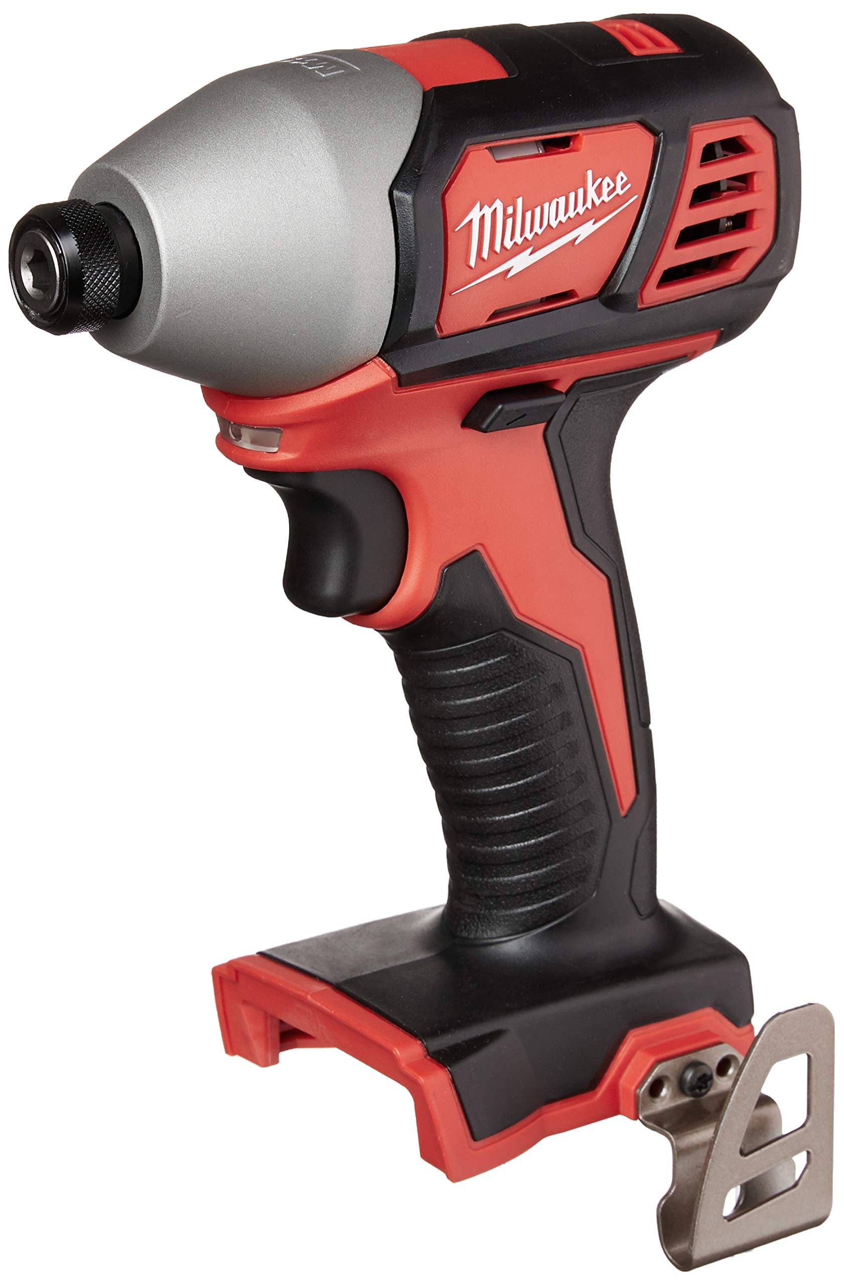 Milwaukee M18 cordless impact driver with red and black housing, gray cylindrical head, and metal bit holder attachment.