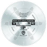 16-inch circular saw blade with 96 teeth, silver finish, labeled Freud Industrial heavy duty multi-purpose for crosscutting a