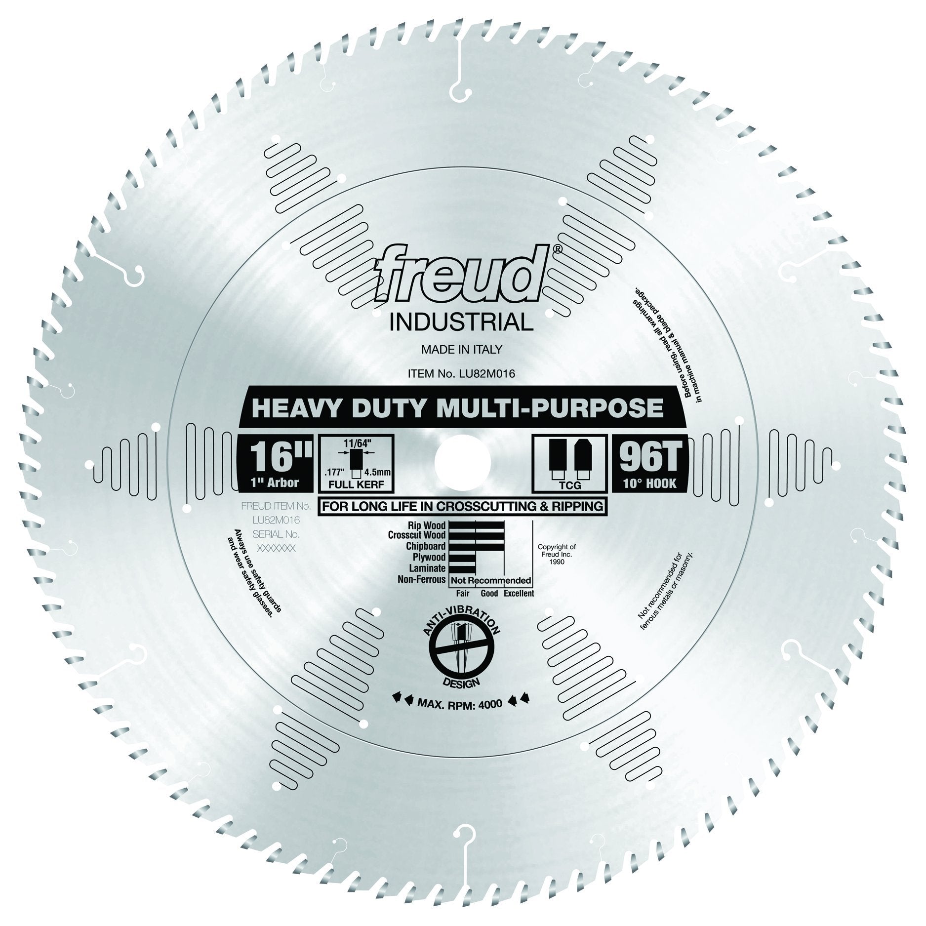 16-inch circular saw blade with 96 teeth, silver finish, labeled Freud Industrial heavy duty multi-purpose for crosscutting a