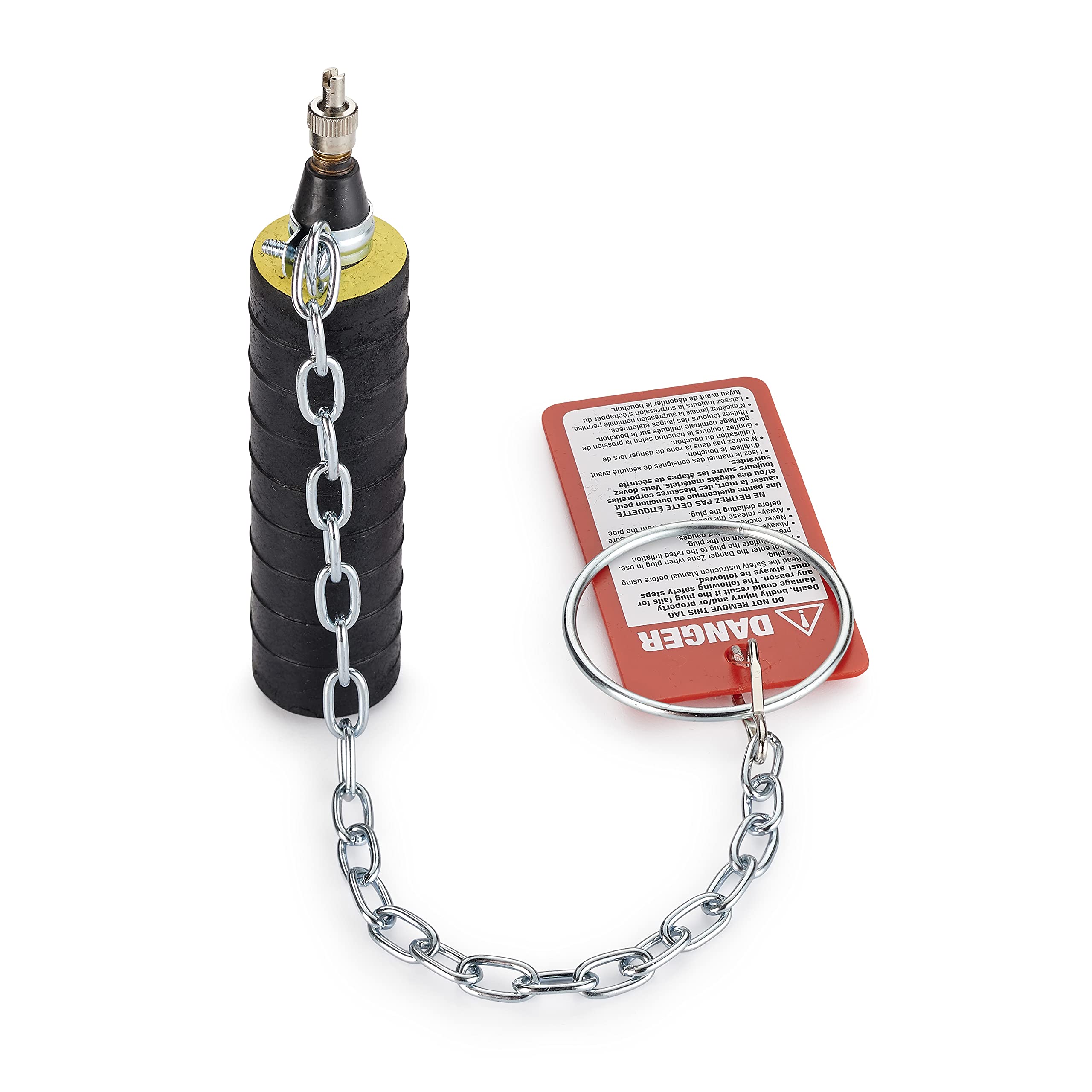 Black rubber test-ball plug with metal valve top and chain connected to red instruction card.