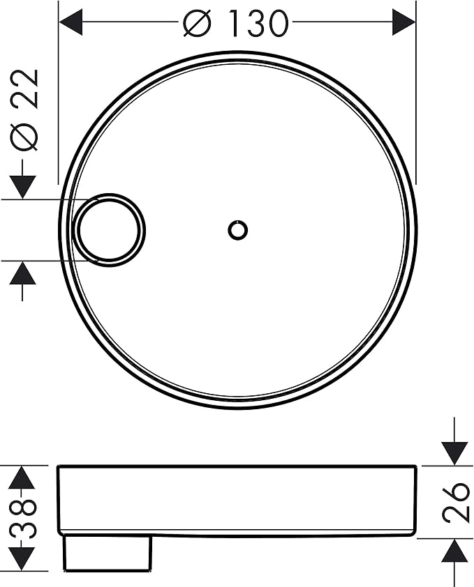 Chrome circular soap dish with mounting bracket, 130mm diameter, top and side view with dimensions.