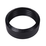 Black rubber caulking gasket ring with grooved interior and embossed text on outer surface.